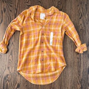 SO Women's Yellow/Mustard and Pink Flannel Plaid Button Down Shirt